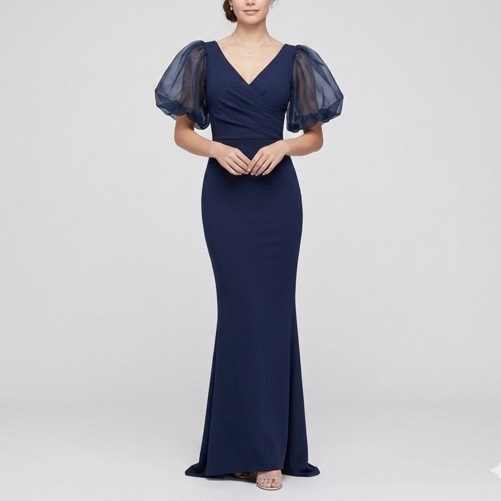 Chiara Boni La Petite Robe Navy Blue Organza Puff Sleeve Maxi Gown Dress 2 US